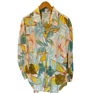 Blue Island Long Sleeve Tropical Leaf Print Women's Button Down Shirt Tunic Sz L